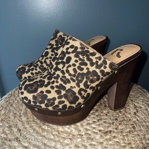 Report Brand Leopard Print Heeled Clogs